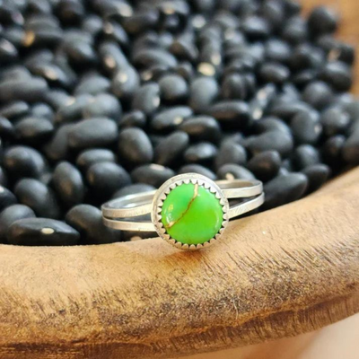 Hand Made Green Mohave Ring Sterling Silver in Uncooked Pot of Beans