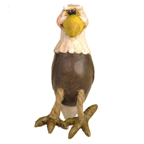 Bald eagle ornament with jute-rope legs and large feeton a white background