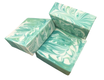 3 Rosemary & Mint Scented 4.5 oz soap bars on white background.