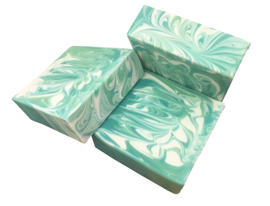 3 Rosemary & Mint Scented 4.5 oz soap bars on white background.