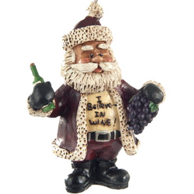 Santa ornament, Santa holding bottle of wine, a bunch of grapes and wearing a t-shirt that says "I Belienve - in wine!", shown on  a white background