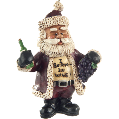 Santa ornament, Santa holding bottle of wine, a bunch of grapes and wearing a t-shirt that says "I Belienve - in wine!", shown on  a white background