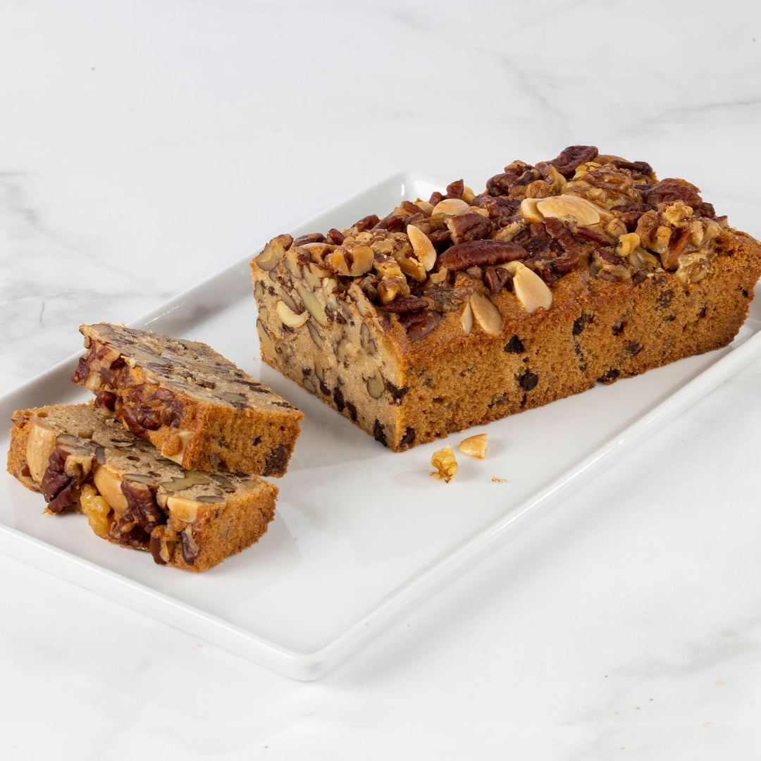 Loaf of turtle nut loaf on a white plate
