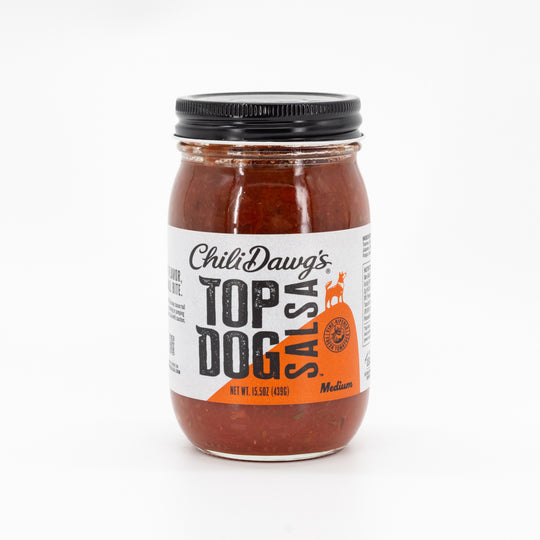 Medium Salsa | Top Dog | 15.5 oz. | Fresh Tomato, Onion, & Pepper Blend | Perfect Spice | Made in Blair, NE | Chili Dawg's Foods of Fire