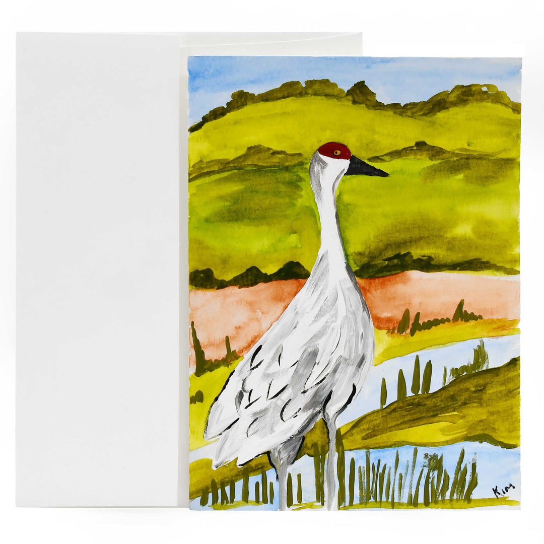 Painting of a crane bird in a landscape with green hills and blue sky.