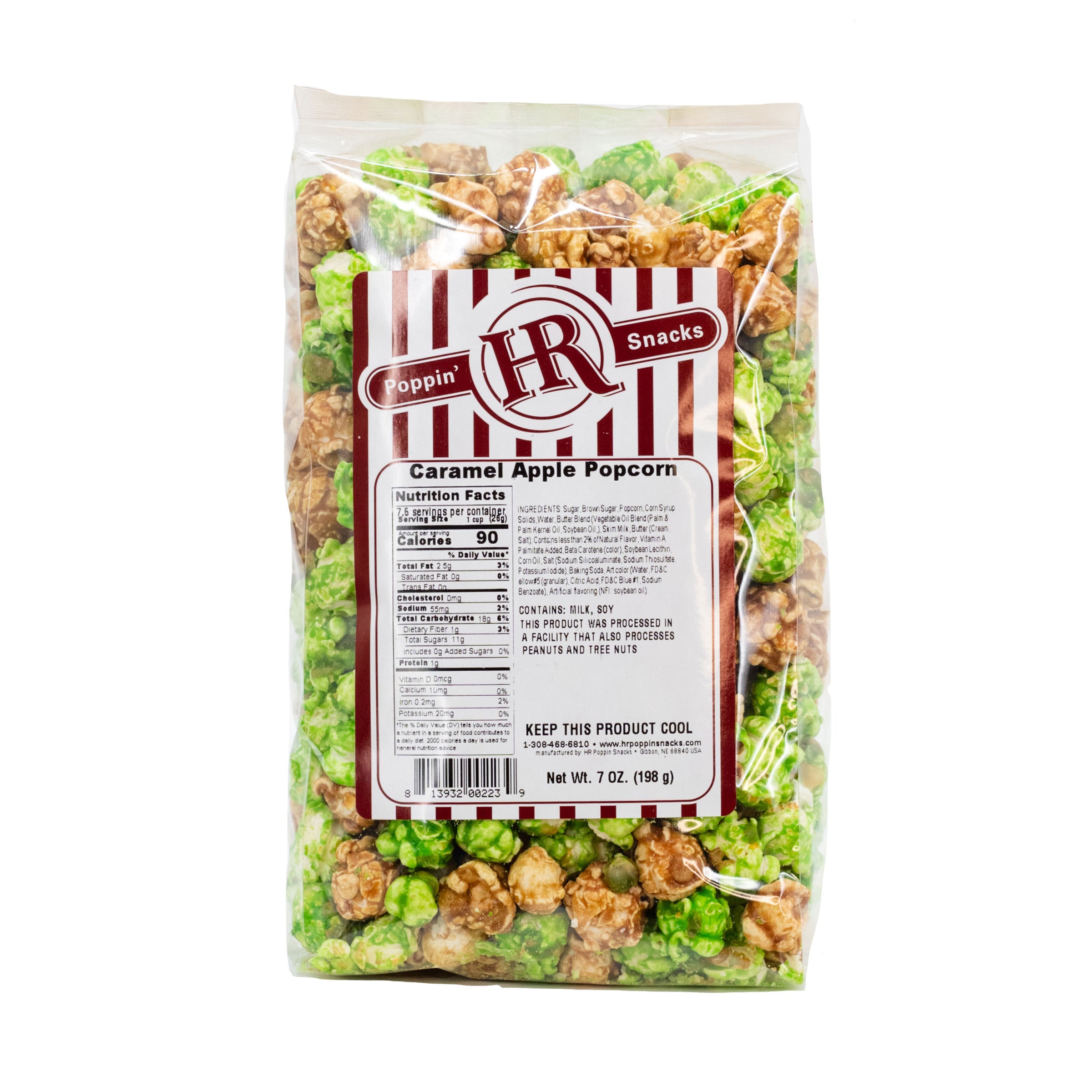 A package of HR Poppin' Snacks Caramel Apple Popcorn, showing the product through the transparent section of the packaging. The popcorn is colorful with visible pieces of apple mixed in.