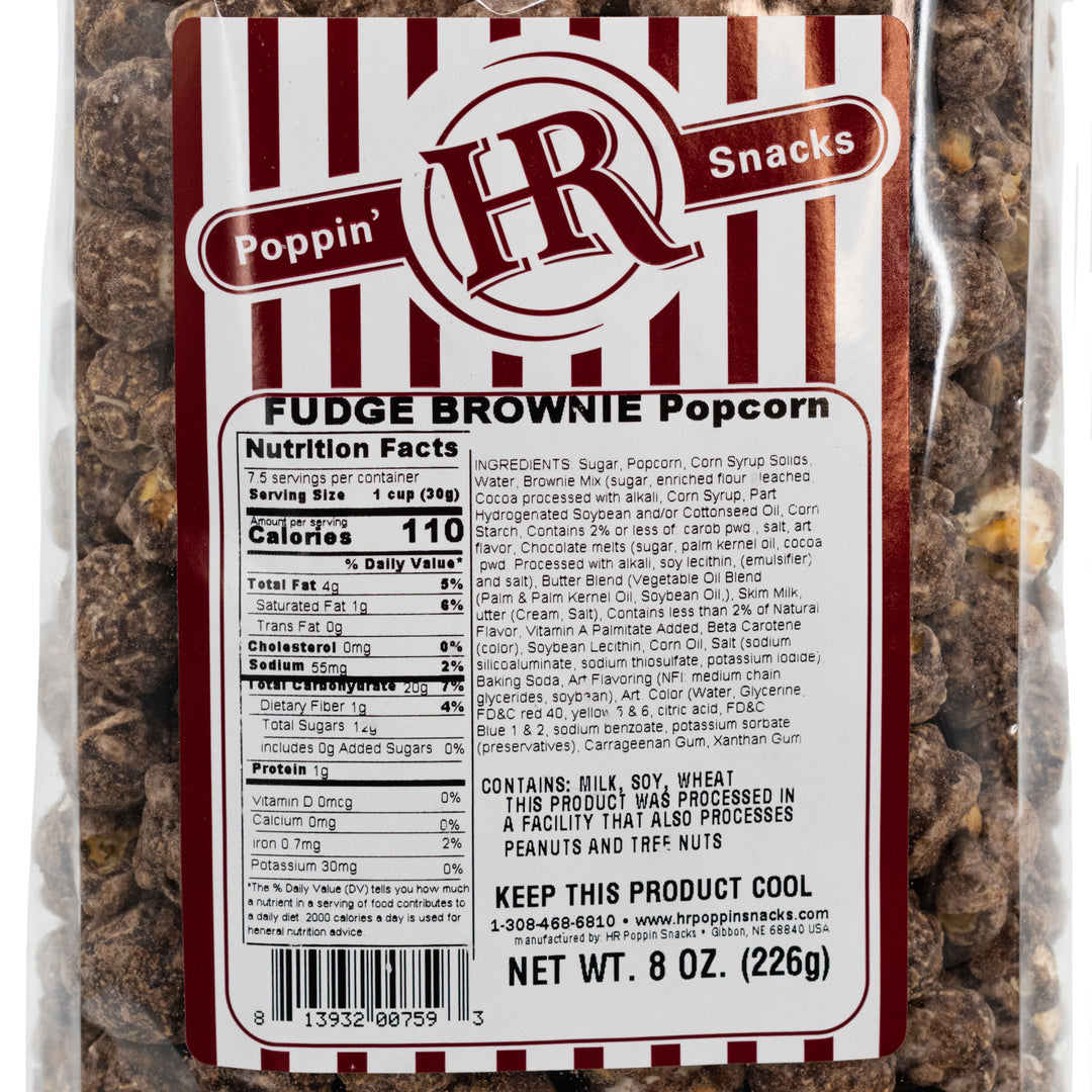 Fudge Brownie Popcorn | 8 oz. | Chocolate Coated Popcorn | Dusted With Brownie Batter | Made in Gibbon, NE | HR Poppin' Snacks