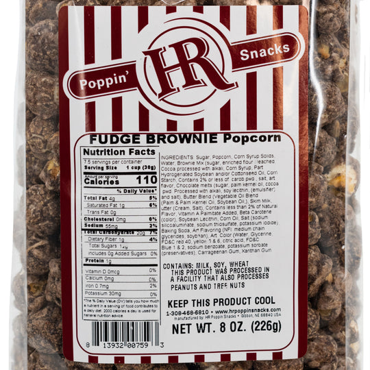 Fudge Brownie Popcorn | 8 oz. | Chocolate Coated Popcorn | Dusted With Brownie Batter | Made in Gibbon, NE | HR Poppin' Snacks