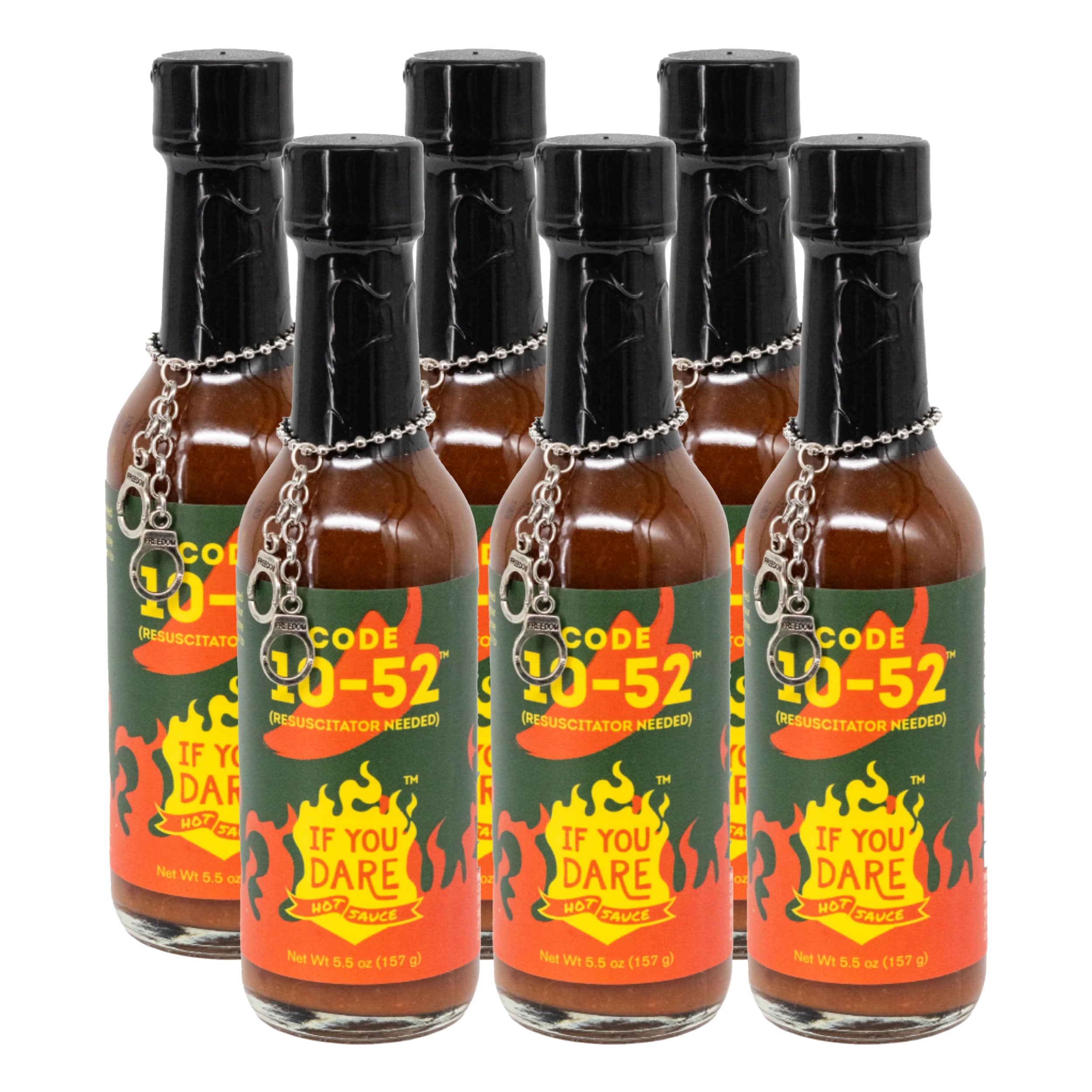 Set of six Code 20-52 hot sauce bottles with black caps on a white background