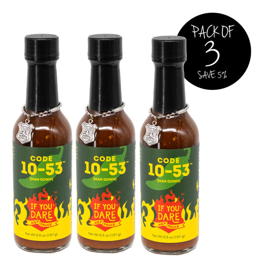 Hot Sauce | Pack of 3 | Code 10-53 | Man Down | 5.5 oz. | Hot Spice Level | Delicious On Wings, Pizza, Hamburgers, Tacos, and Everything Else | Made in Nebraska | Authentic | Made With Real Ingredients