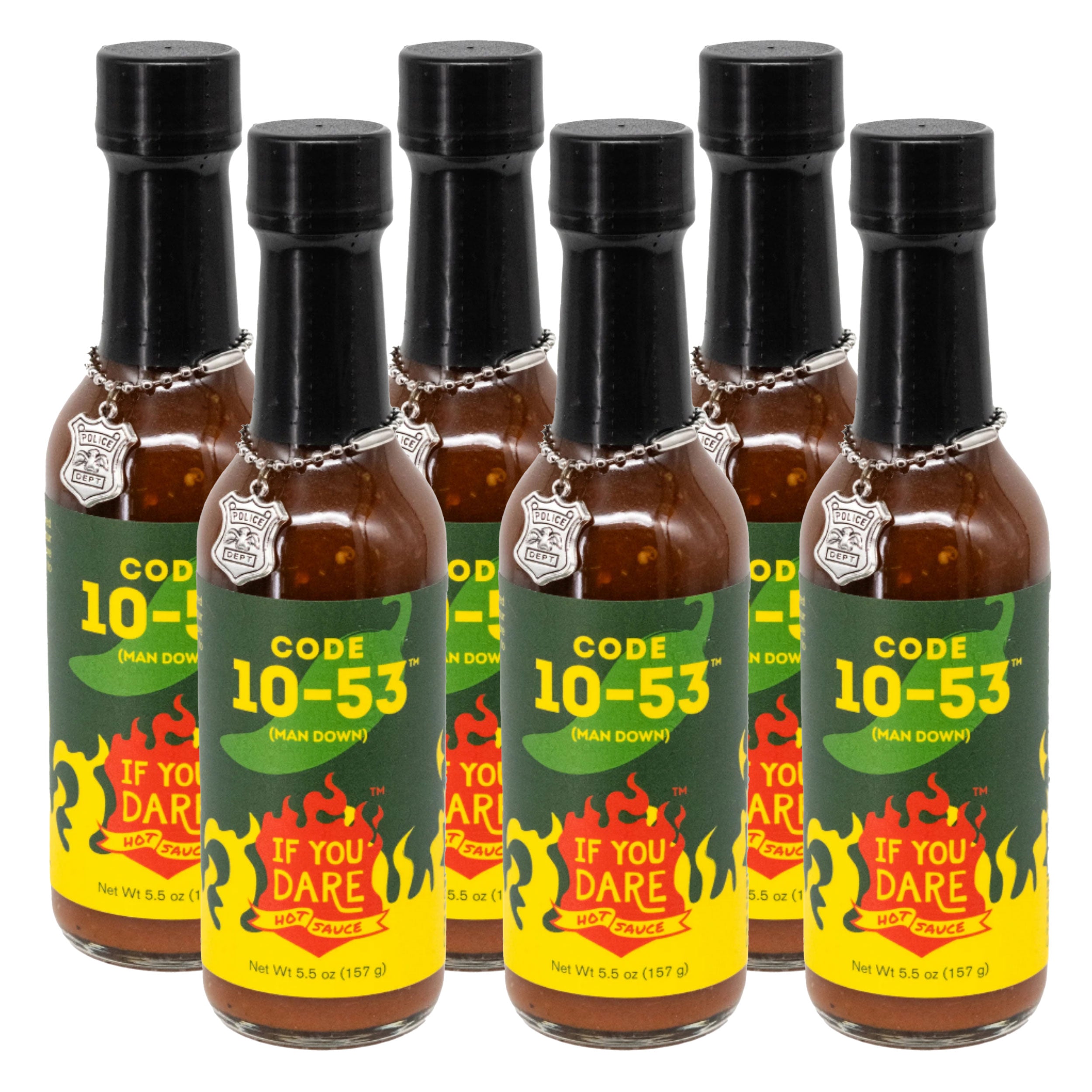 Set of six bottles of Code 10-53 hot sauce with visible labels on a white background