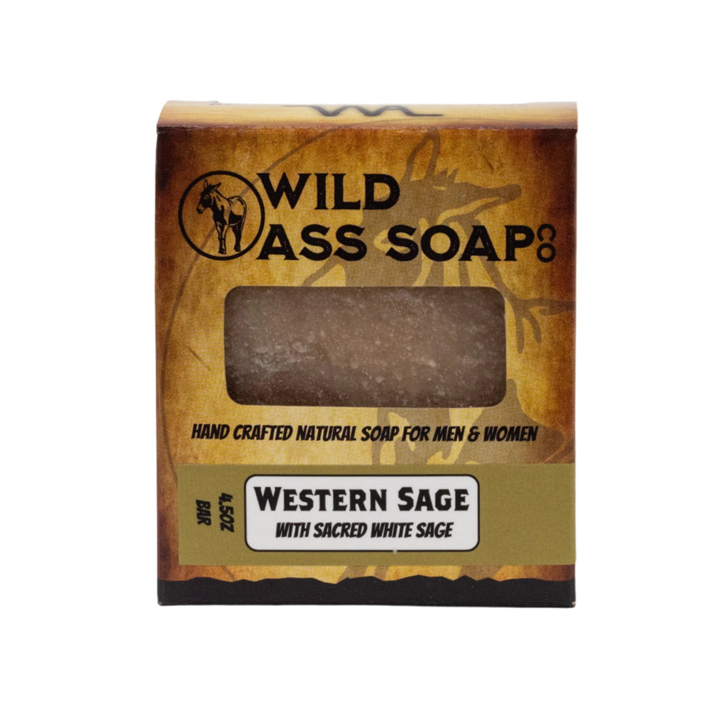 A packaged bar of soap labeled 'WILD SAGE SOAP CO. Handcrafted Natural Soap for Men & Women Western Sage with Sacred White Sage' indicating the product is made with natural ingredients and is free from palm oil and parabens.