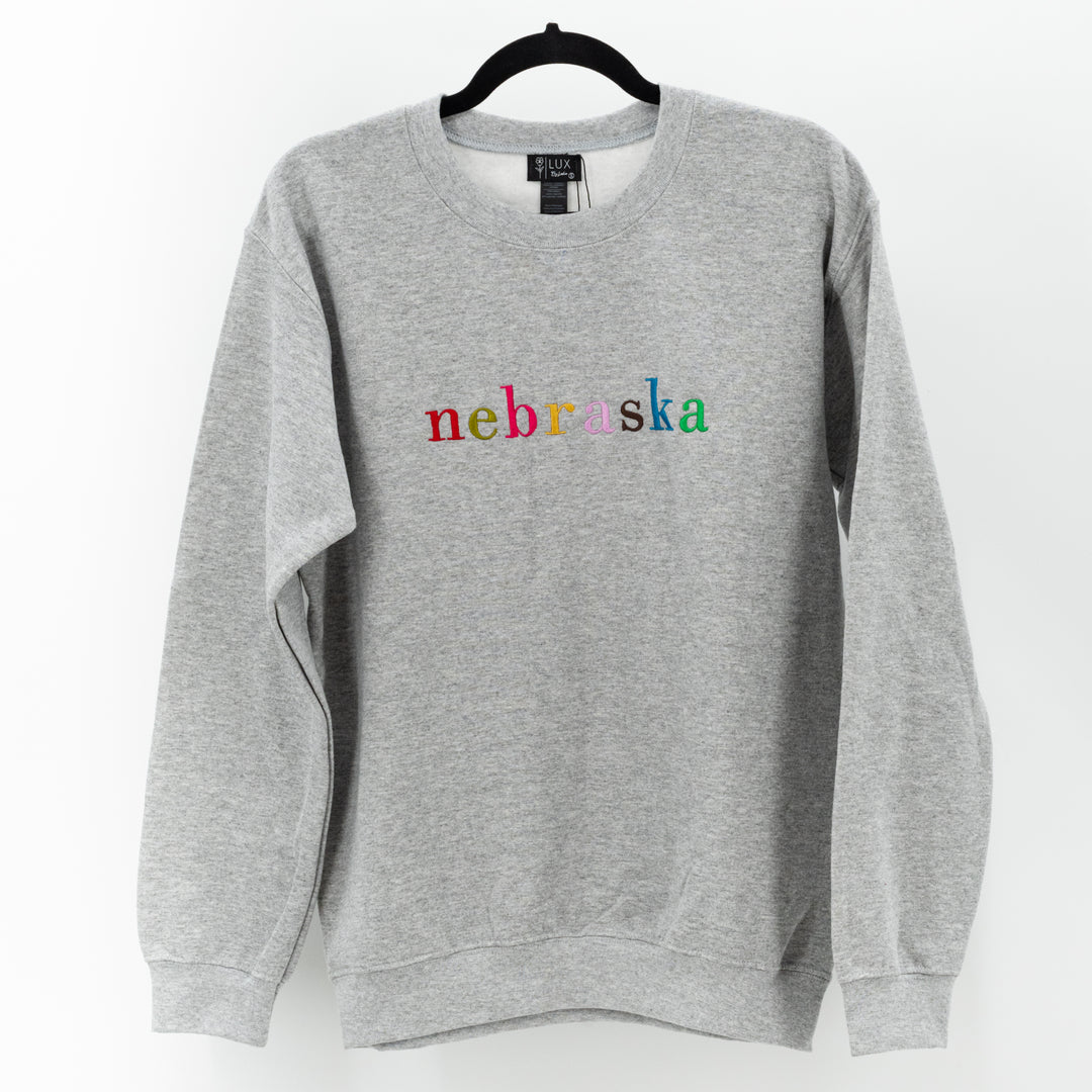 Colorful Nebraska Sweatshirt | Vibrant Embroidery | Cute, Simple, Cozy | Lux by Leslie | Made in Ord, NE