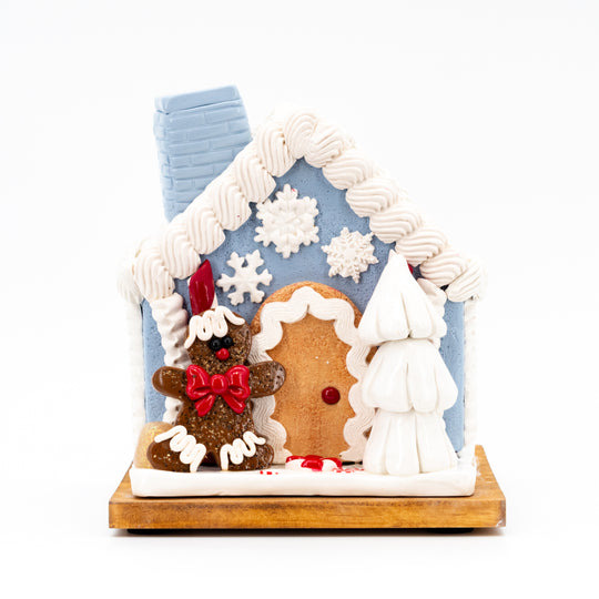 Small Gingerbread House | Blue & White | Gingerbread Man's House | Festive Christmas House | Made in Scottsbluff, NE | Clay Art Originals