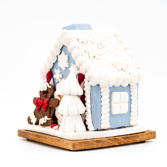 Small Gingerbread House | Blue & White | Gingerbread Man's House | Festive Christmas House | Made in Scottsbluff, NE | Clay Art Originals