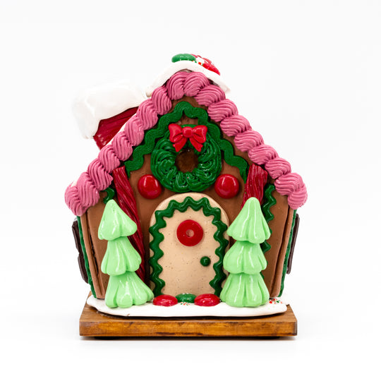 Medium Gingerbread House | Pink, White, & Red Roof | Handcrafted | Spread Holiday Cheer | Made in Scottsbluff, NE | Clay Art Originals