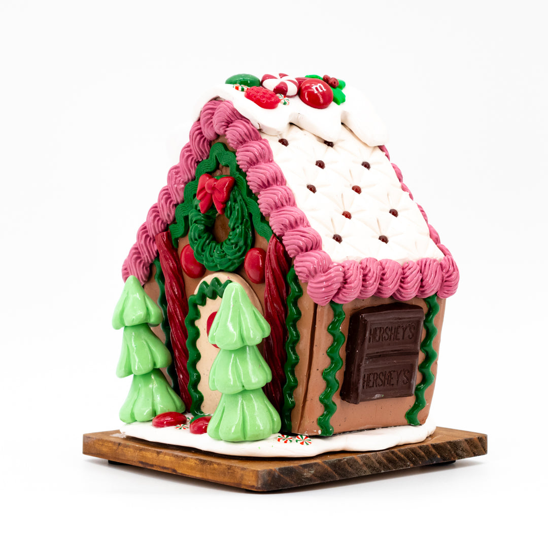 Medium Gingerbread House | Pink, White, & Red Roof | Handcrafted | Spread Holiday Cheer | Made in Scottsbluff, NE | Clay Art Originals