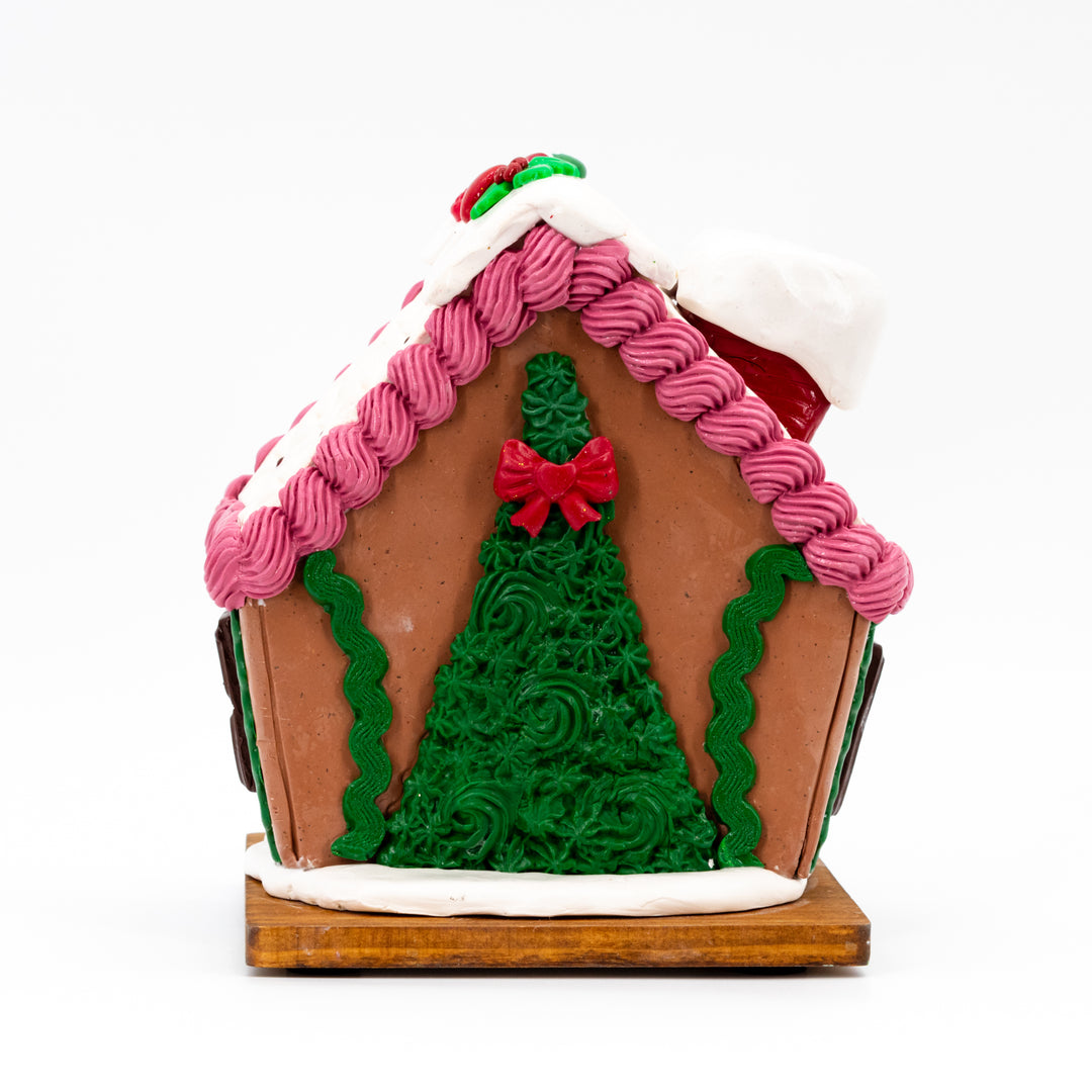 Medium Gingerbread House | Pink, White, & Red Roof | Handcrafted | Spread Holiday Cheer | Made in Scottsbluff, NE | Clay Art Originals