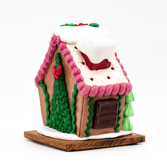 Medium Gingerbread House | Pink, White, & Red Roof | Handcrafted | Spread Holiday Cheer | Made in Scottsbluff, NE | Clay Art Originals