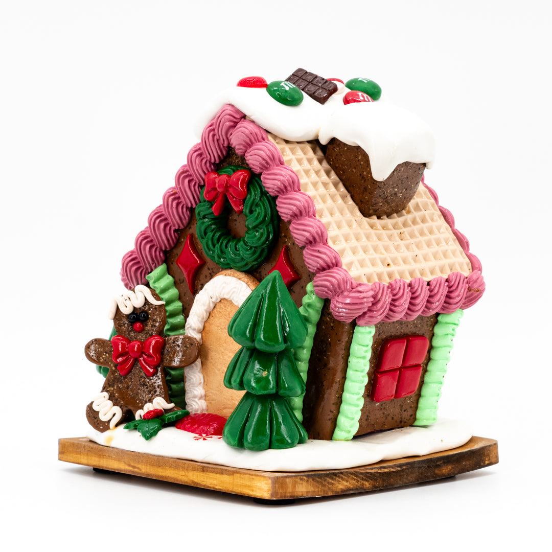 Small Gingerbread House | Pink & Tan Roof | Gingerbread Man's House | Spread The Holiday Spirit | Made in Scottsbluff, NE | Clay Art Originals