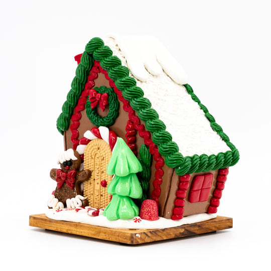 Large Gingerbread House | Slanted, White & Green Roof | Gingerbread Man's House | Made in Scottsbluff, NE | Clay Art Originals