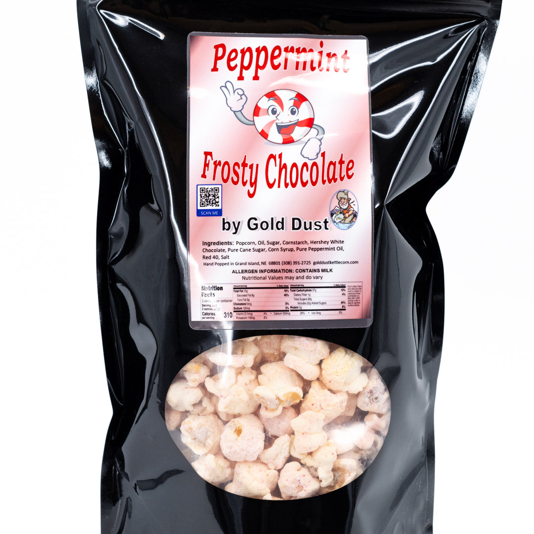 Peppermint White Chocolate Covered Kettle Corn |  5 oz. | Minty, Salty, Sweet | Made in Grand Island, NE | Gold Dust Kettle Corn