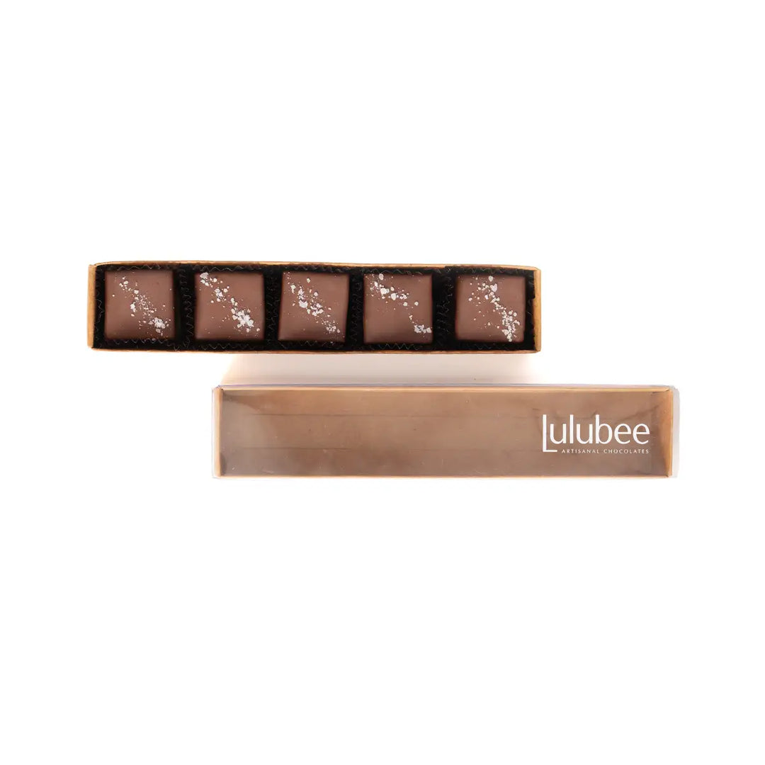 Box of Lulubee chocolates on a white background