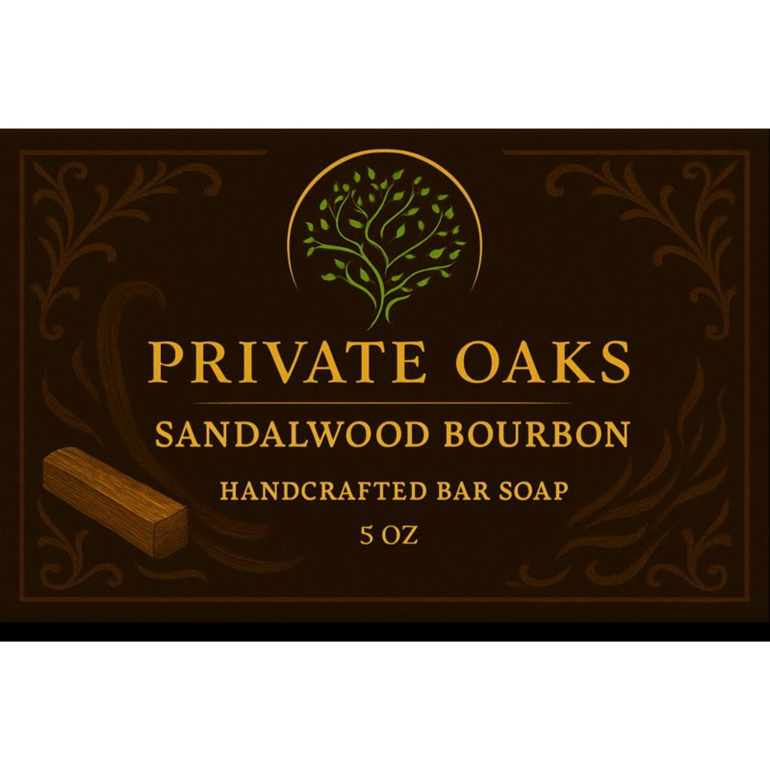Private Oaks Sandalwood Bourbon handcrafted bar soap packaging with decorative elements.