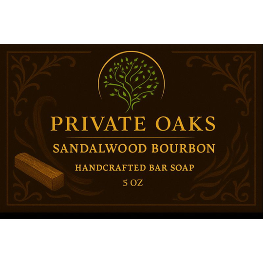 Private Oaks Sandalwood Bourbon handcrafted bar soap packaging with decorative elements.