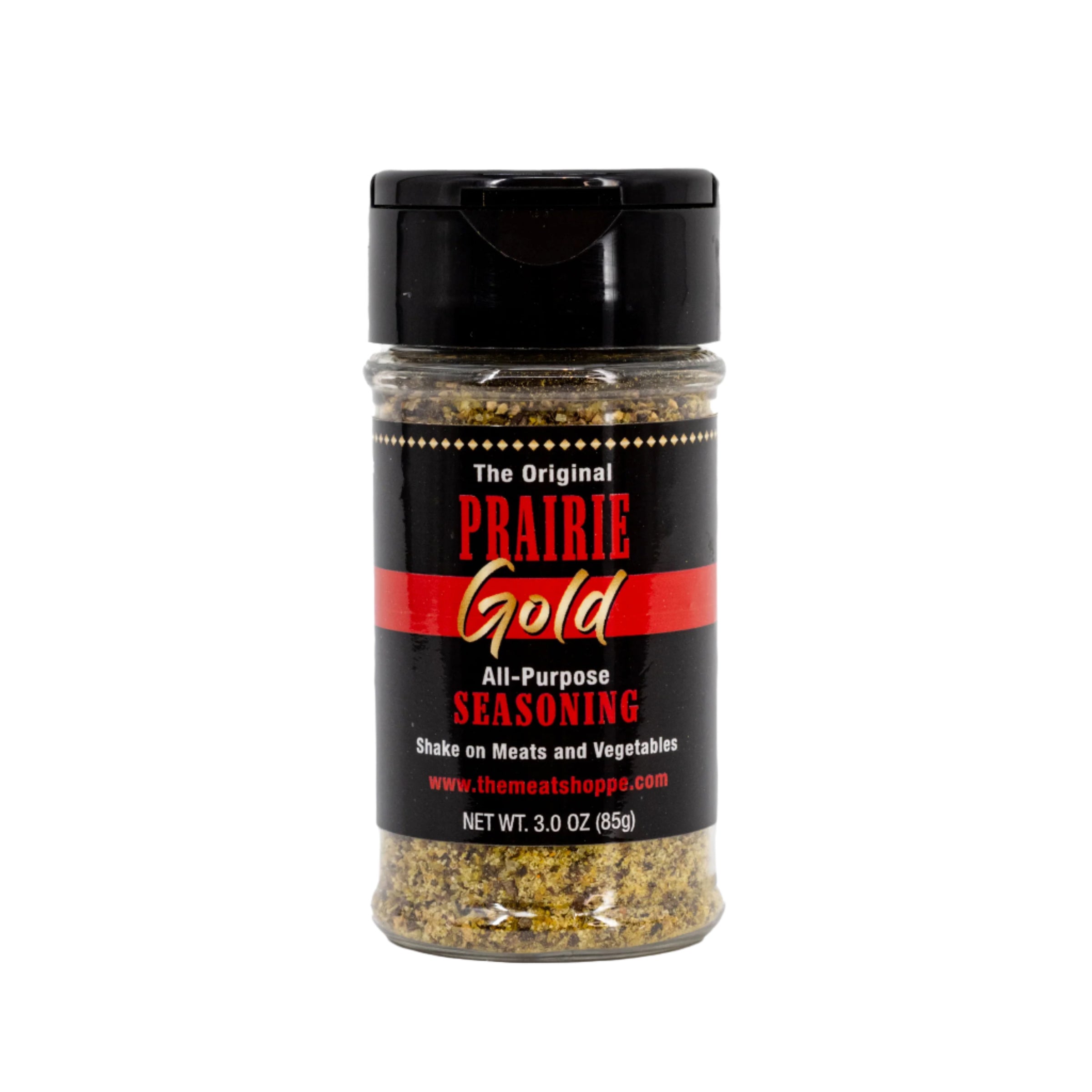 A bottle of Original Prairie Gold Seasoning, 3 oz, with a label featuring the product name and the website www.themeatshoppe.com