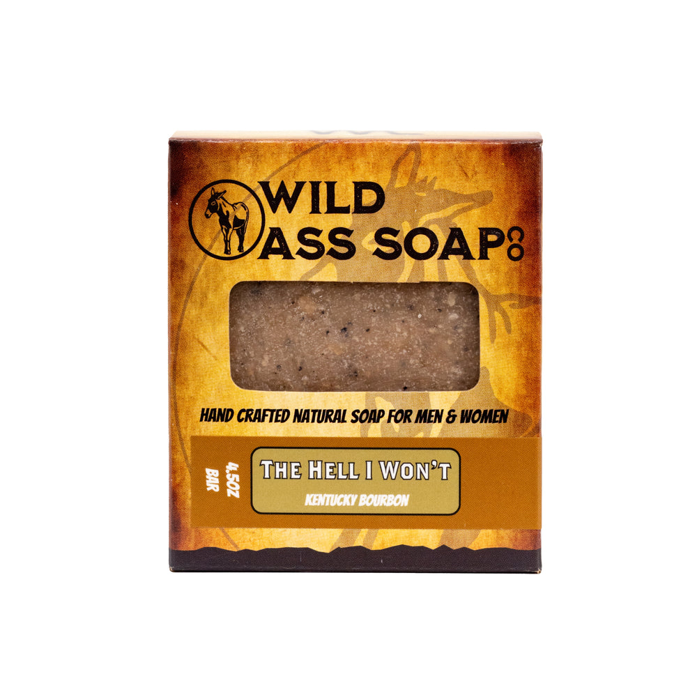 A bar of soap with a brownish color, packaging that has 'WILD ASS SOAP CO' branding and the product name 'THE HELL I WON'T' written on it.