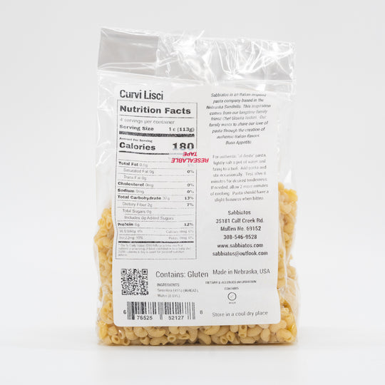 Curvi Lisci Pasta | 16 oz | Small Elbows | Authentic | High Quality Ingredients | Sabbiatos | Made in Mullen, NE