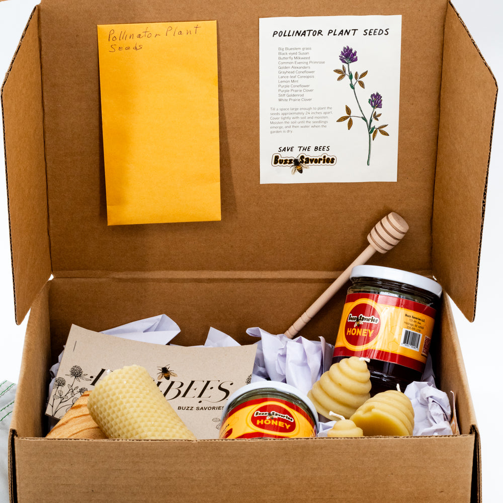 Gift Box | Buzz Worthy Gift Box with Honey Comb Candle | Includes Variety Of Candles, Jars Of Locally Sourced Honey, A Recipe Book, & Flower Seed Packet | Perfect Gift Giving Surprise | A Gift Everyone Will Love