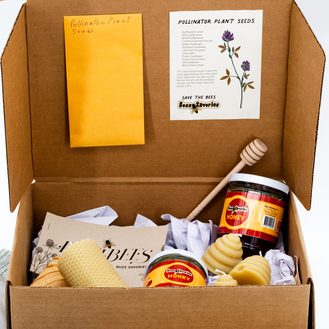 Gift Box | Buzz Worthy Gift Box with Honey Comb Candle | Includes Variety Of Candles, Jars Of Locally Sourced Honey, A Recipe Book, & Flower Seed Packet | Perfect Gift Giving Surprise | A Gift Everyone Will Love