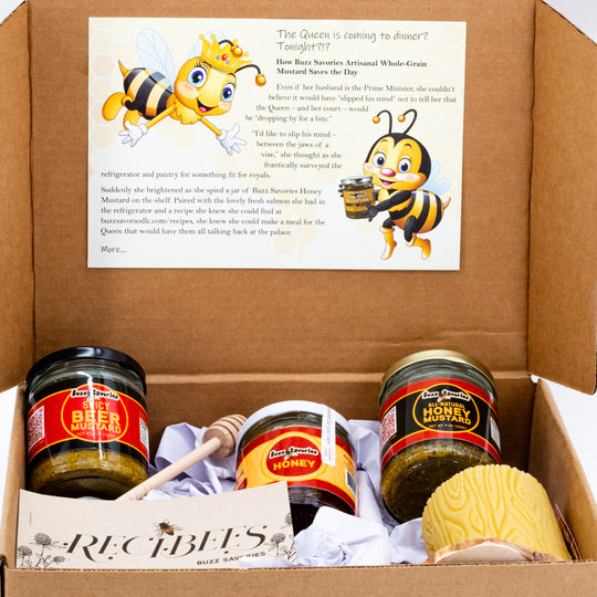 Gift Box | Honey Gift Set | Includes Spicy Beer Mustard, Honey Mustard, Honey, Beeswax Candle, And Recipe Book | Perfect Gift For Loved One | Locally Sourced Honey | Delicious, Savory & Spicy Mustards Used For All Purposes