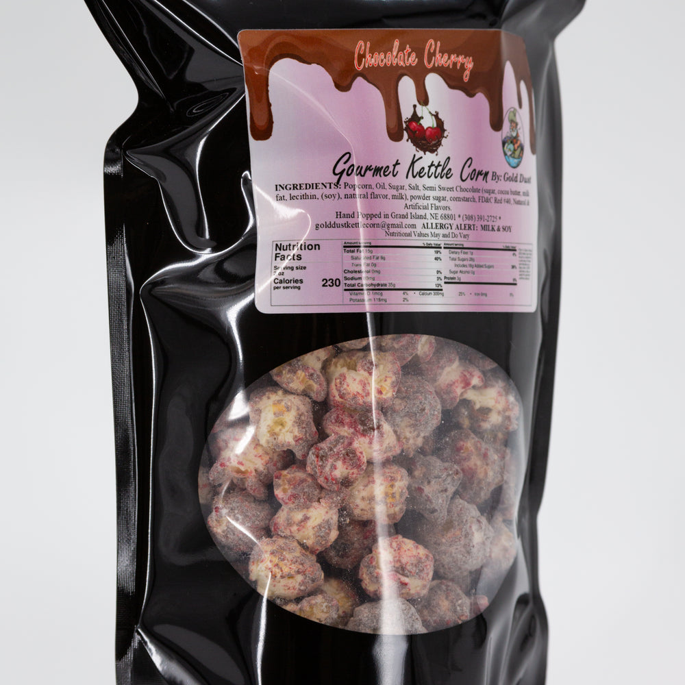 Chocolate Covered Cherry Kettle Corn | 6.5 oz. Bag | Non-GMO | Bold Cherry Flavor | Made in Grand Island, NE | Gold Dust Kettle Corn