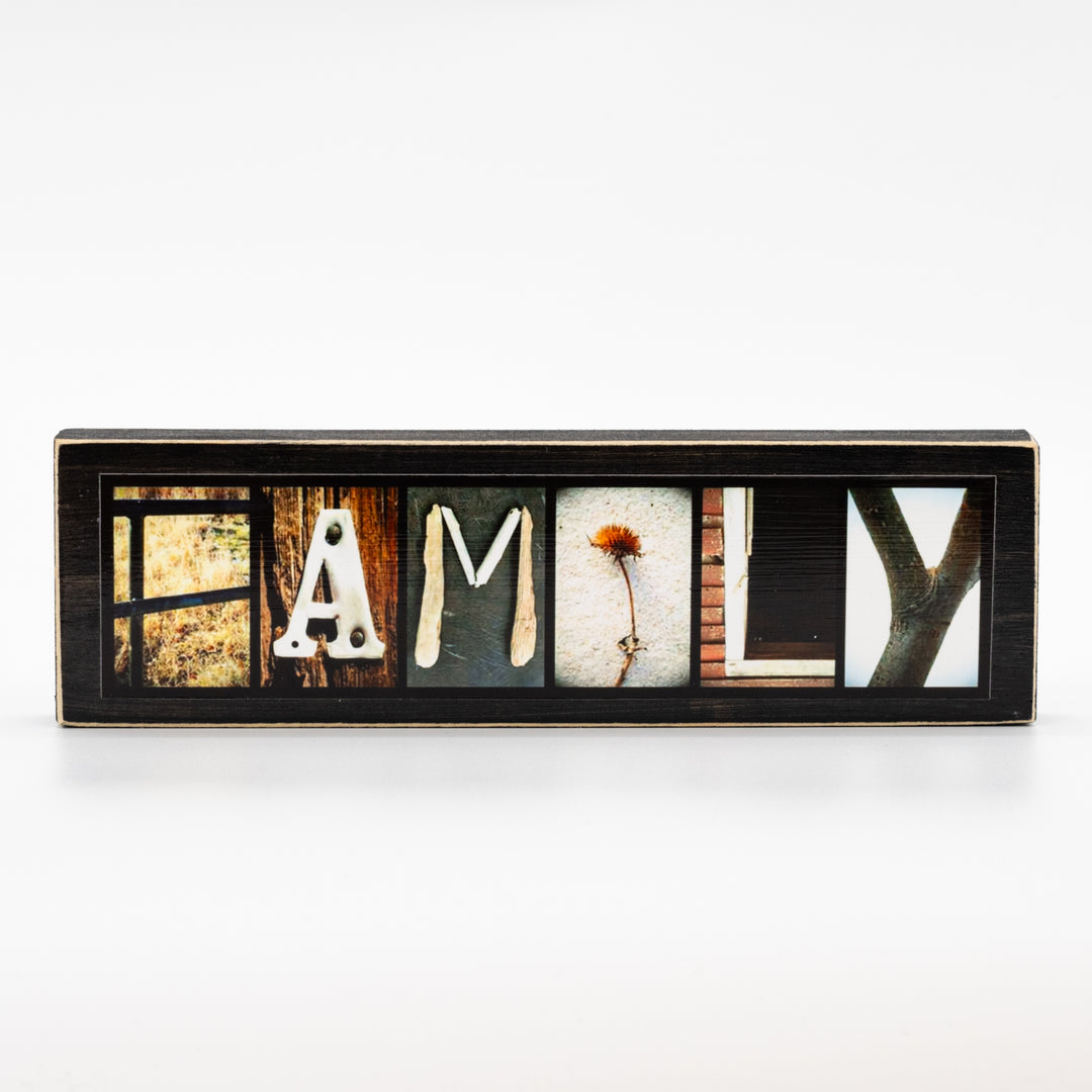 Family Word Block | 8.5 x 2.5 |  Alphabet Photo Letter Art | Easy to Display | Made in Raymond, NE | Letters of Love Designs