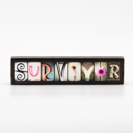 Survivor Word Block | Alphabet Photo Letter Art | Stackable and Easy to Display | Made in Raymond, NE | Letters of Love Designs