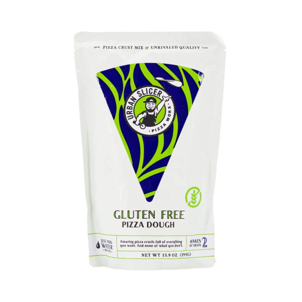 A package of Urban Slicer Gluten Free Pizza Dough with a green and black design on the front.
