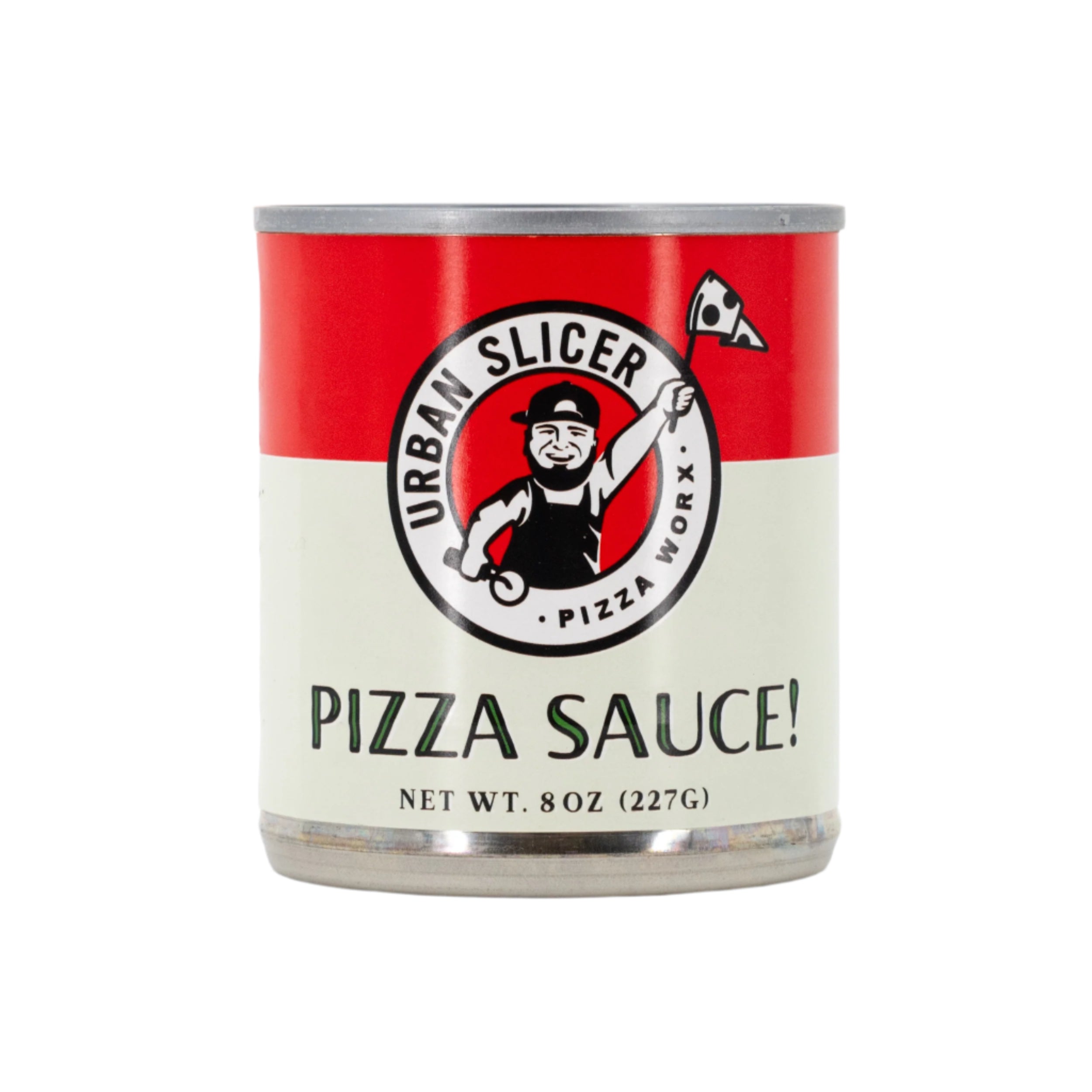 A can of Urban Slicer Pizza Worx pizza sauce with a red and white label, indicating a net weight of 8 oz (227g).