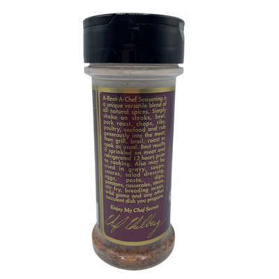 A Short Description On The Back Of A 6 oz. Bottle Of A-Rent-A-Chef Chef's Secret All Purpose Seasoning 