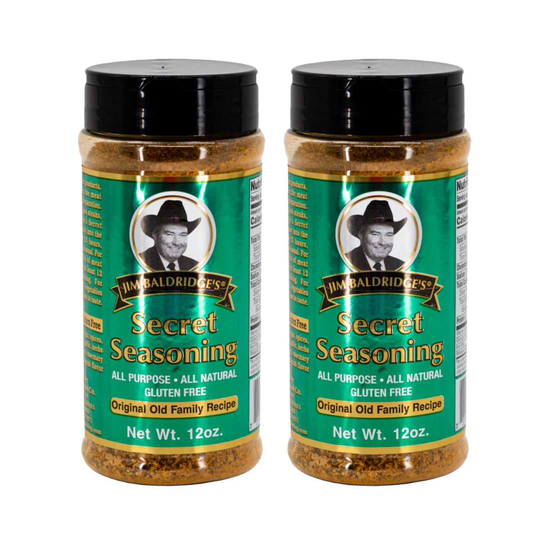 Two bottles of Jim Haldridge's Secret Seasoning on a white background