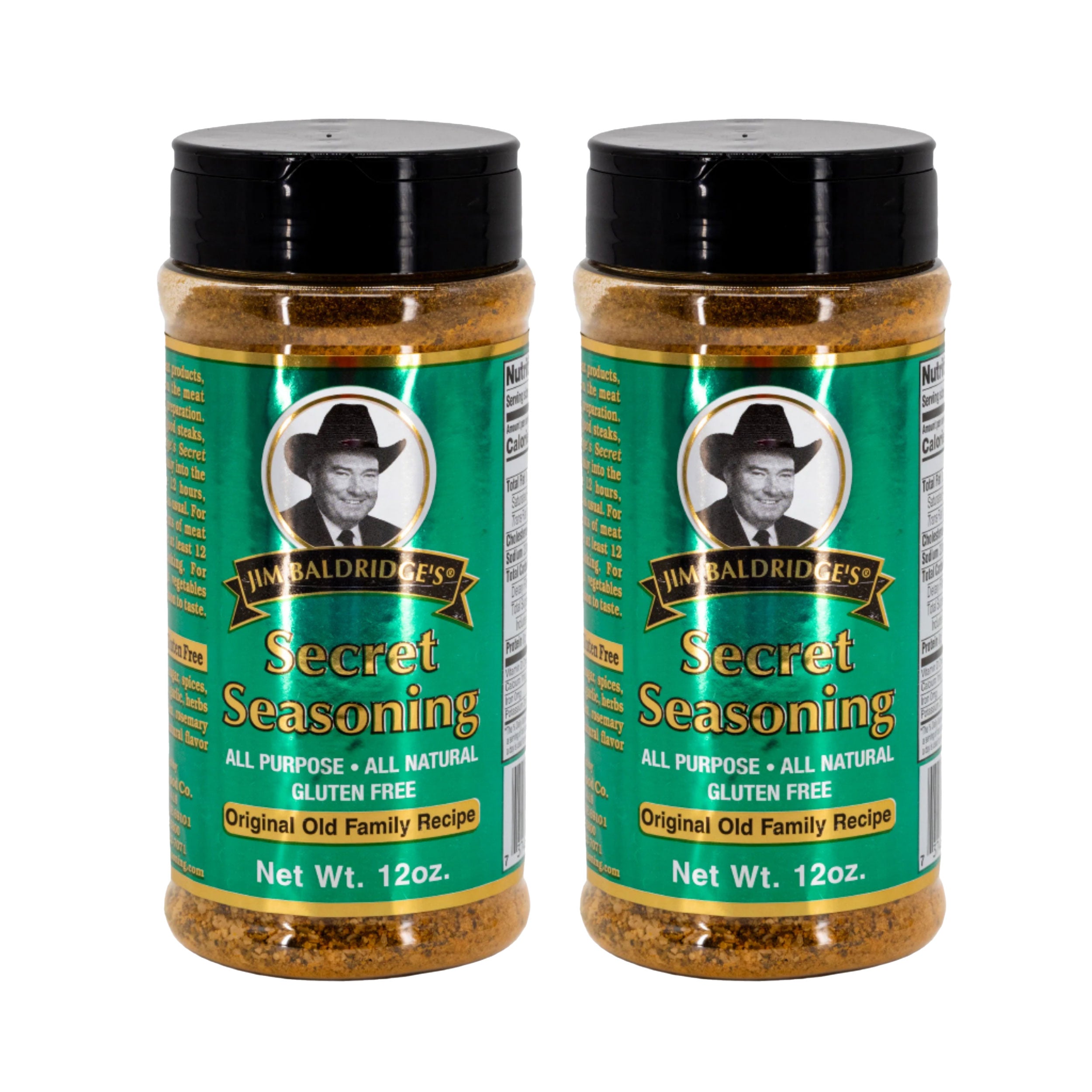 Two bottles of Jim Haldridge's Secret Seasoning on a white background
