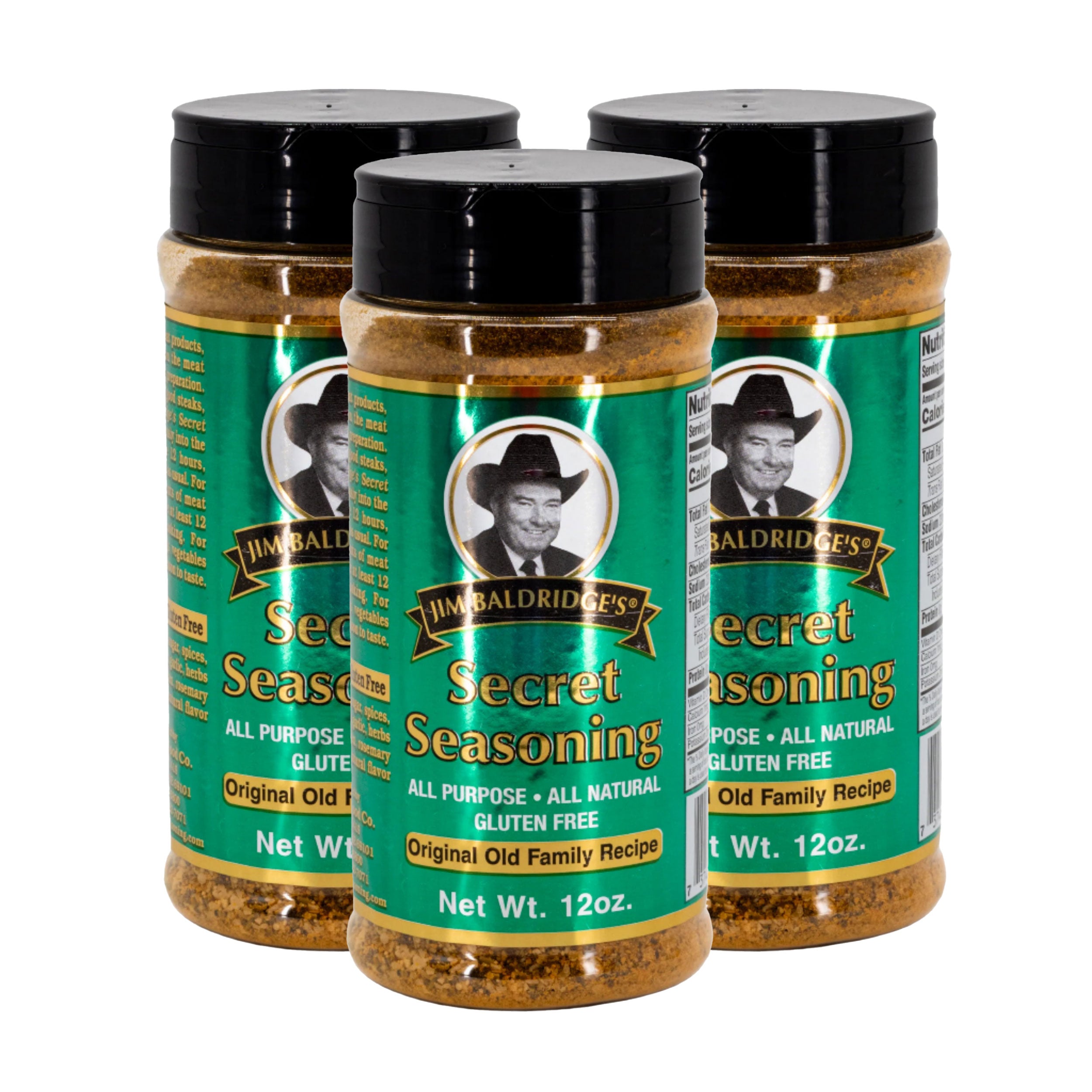 Three jars of Haroldridge's Secret Seasoning on a white background