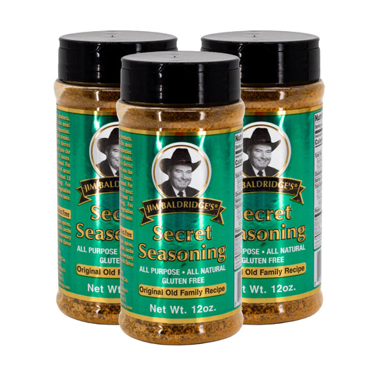 Three jars of Haroldridge's Secret Seasoning on a white background