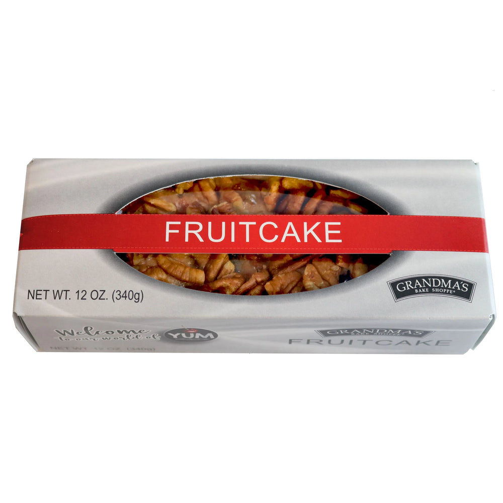 Box of Grandpa's Fruitcake with a red label on a white background