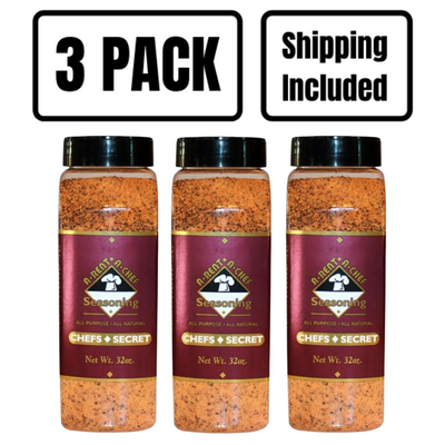 Three 32 oz. Bottles Of Chef's Secret All Purpose Seasoning With A 3 Pack Shipping Included Banner Suspended Above On A Clear Background