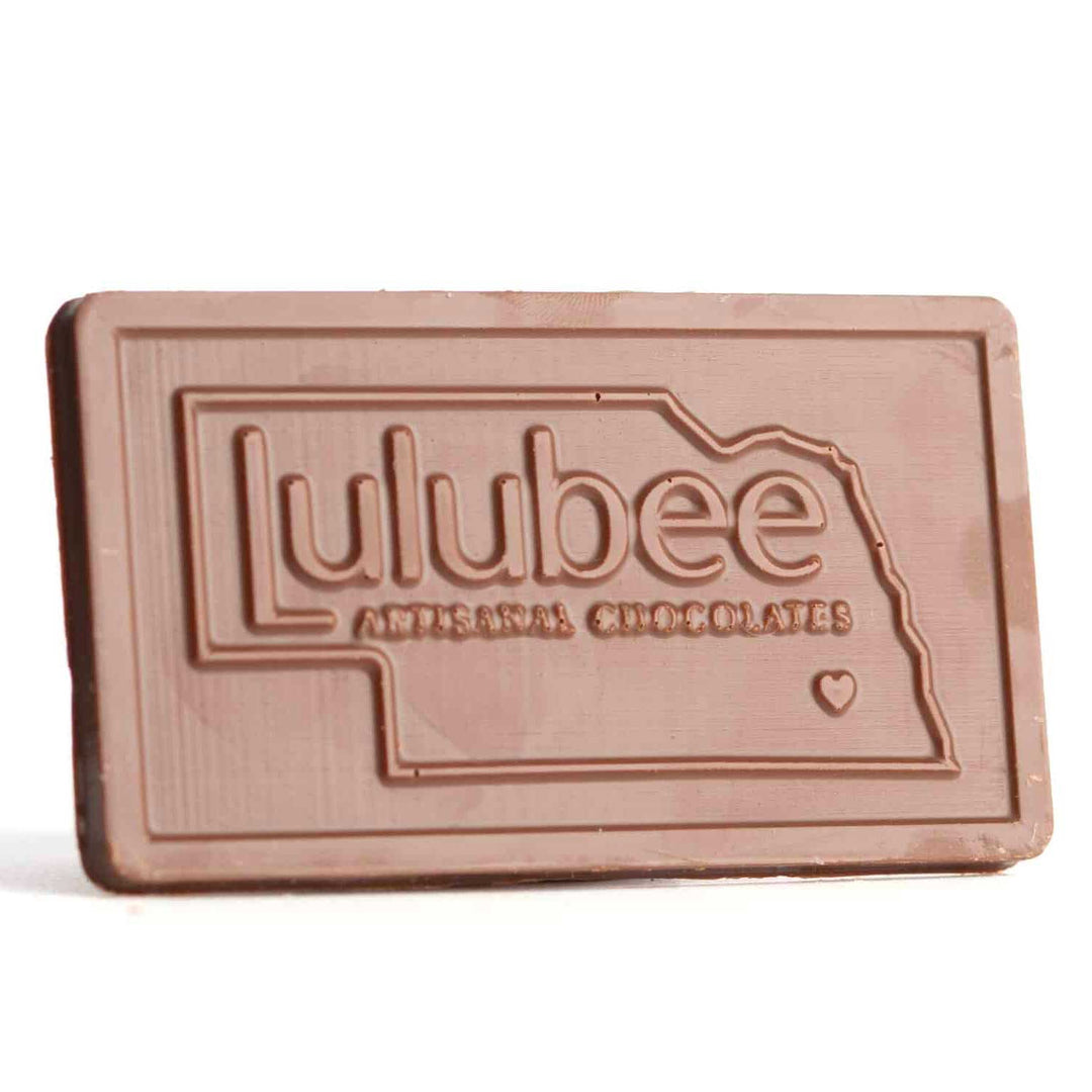 Chocolate bar with 'Lulubee' branding on a white background