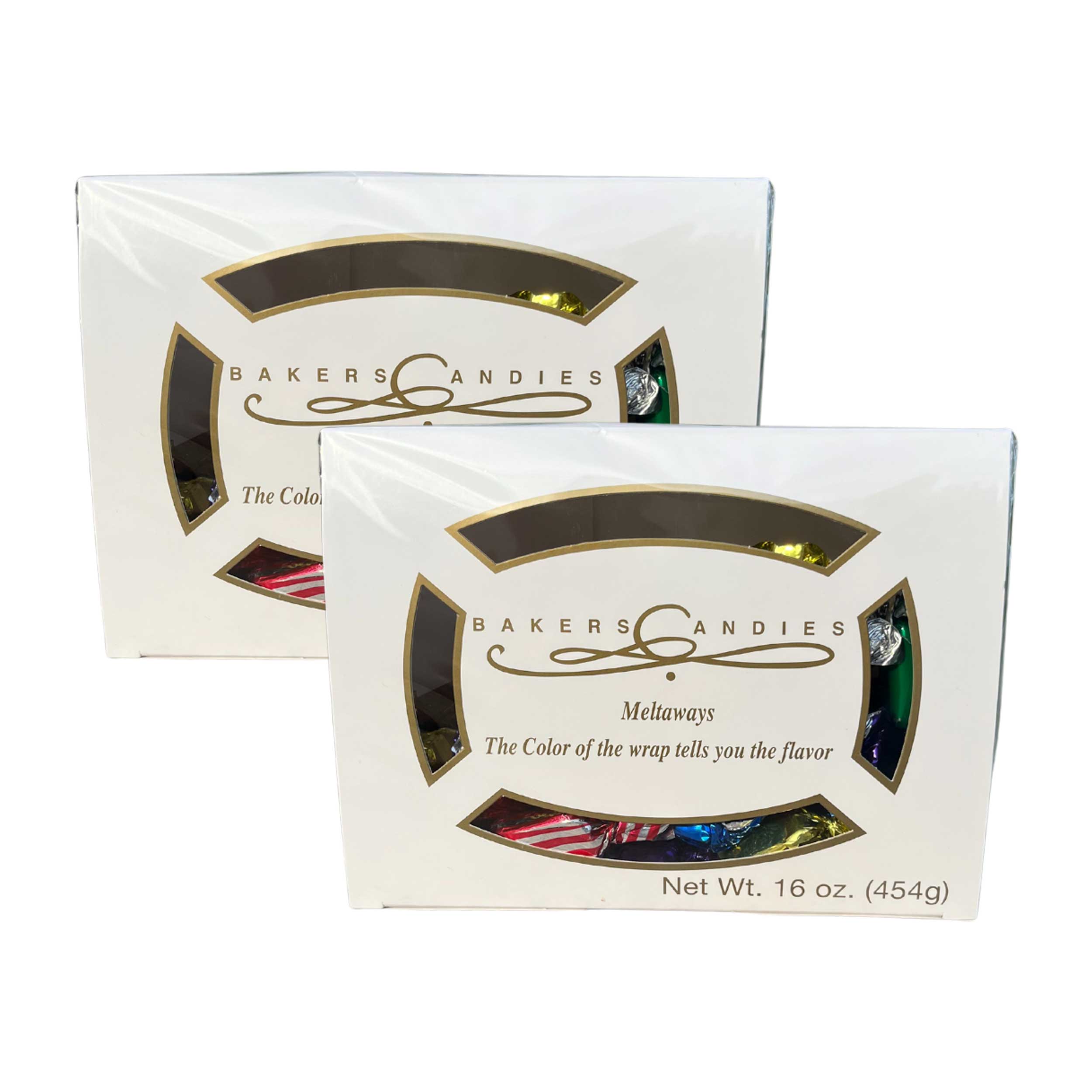 Two boxes of Bakers Candies with colorful candy inside on a white background