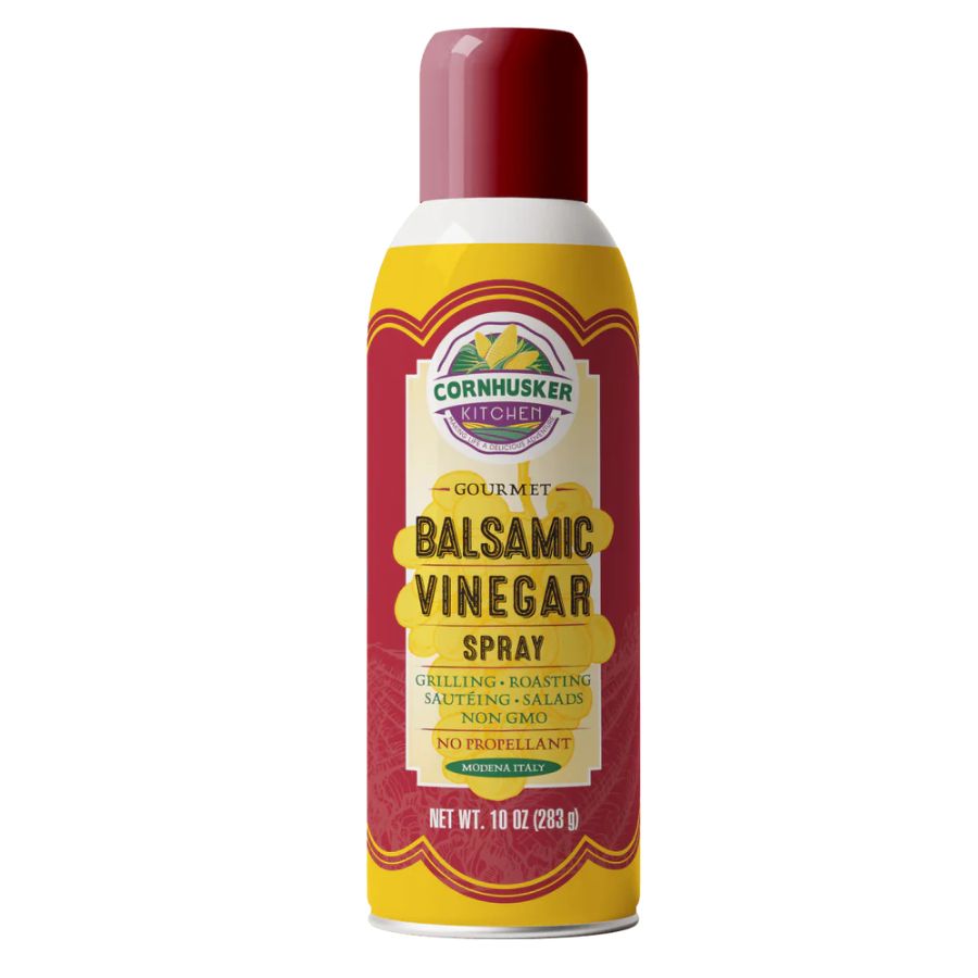 A front image of Cornhusker Kitchens Balsamic Vinegar Spray with red cap on a white background